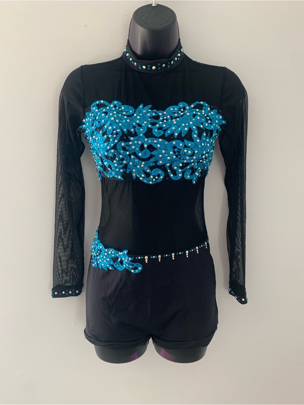 Black & Turquoise Rhinestone Dance Unitard - Adult Medium